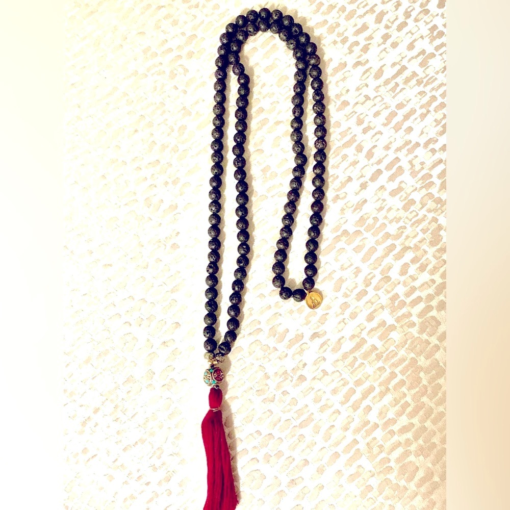 Genuine Lava Bead Mala Necklace with inlaid stone bead and red tassel
